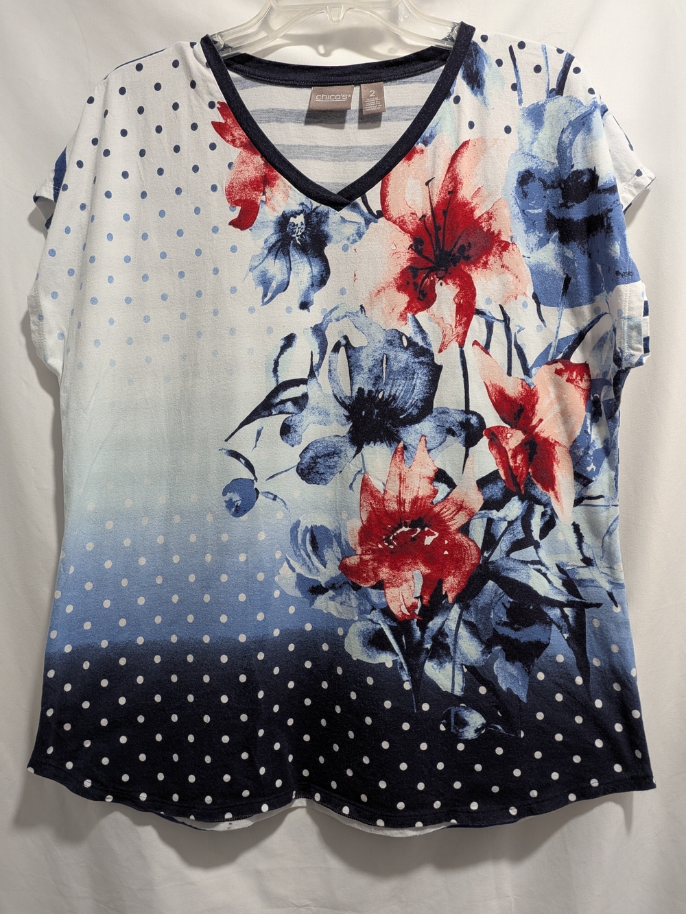Chico's Floral & Polka Dot V-Neck Top - Blue & Red